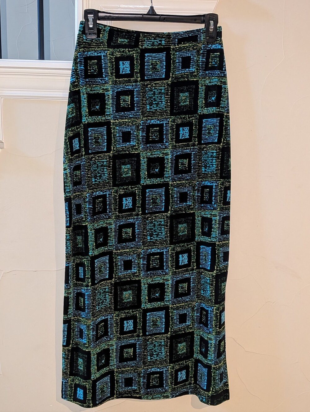 Square-Print Maxi Skirt in Black with Blue and Green Accents